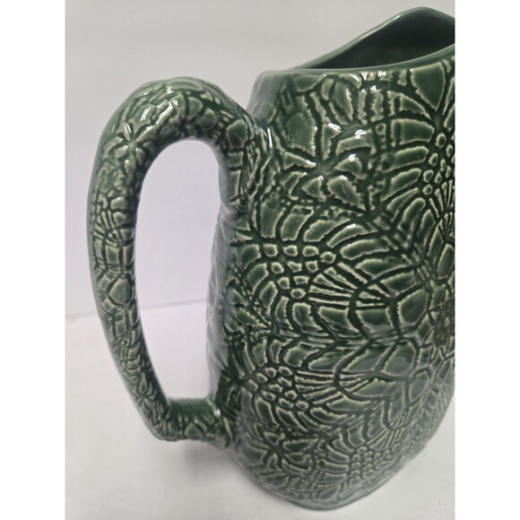 Vintage Beaver Farm Pottery Floral Green Water Pitcher  Iced Tea Floral Design - Picture 5 of 11